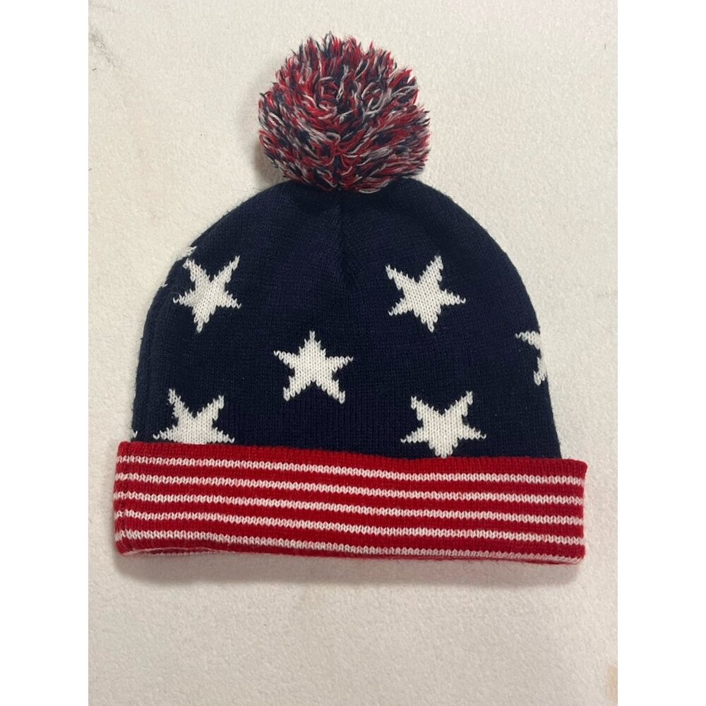 Old Navy Stars Stripes USA Pom Beanie Hat Red White Blue Knit One Size